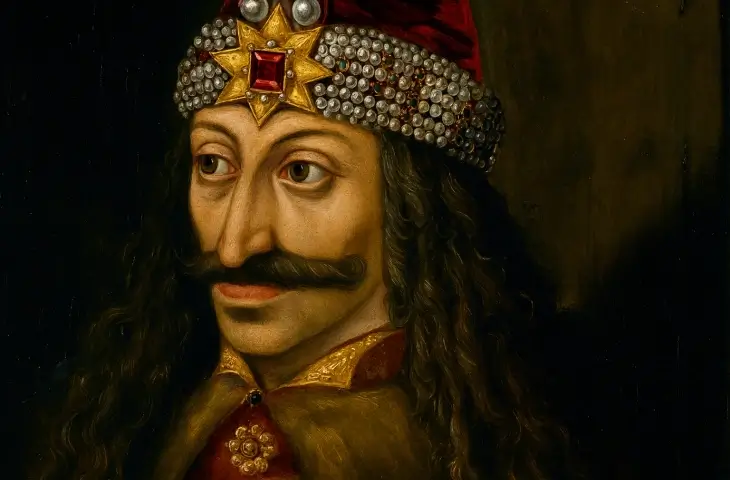 Kırmızı taşlı taç ve kürk detaylarıyla çizilmiş orta çağ hükümdarı portresi, Vlad Tepeş.